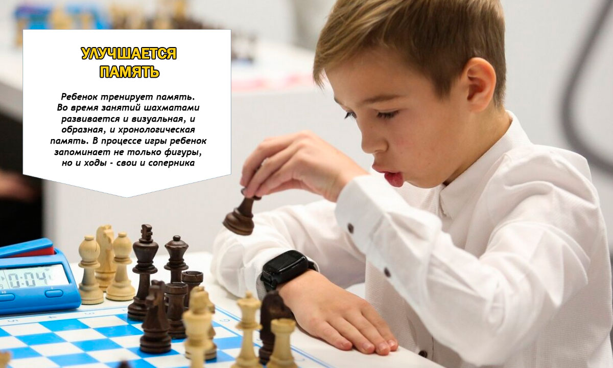 Ребенок тренирует память. Во время занятий шахматами развивается и визуальная, и образная, и хронологическая память. В процессе игры ребенок запоминает не только фигуры, но и ходы - свои и соперника